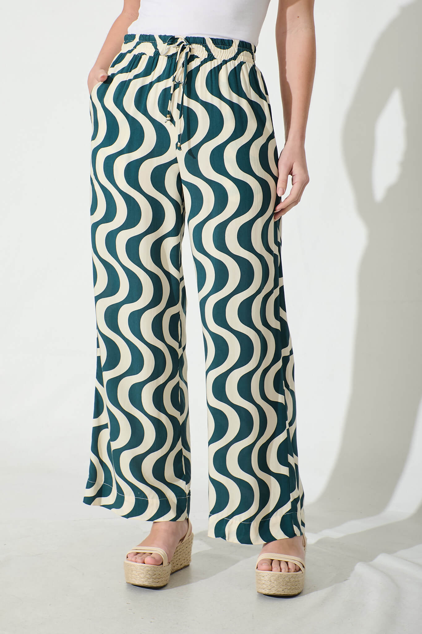 Anjeanette Wide Leg Pant in Emerald and Cream Swirl Print