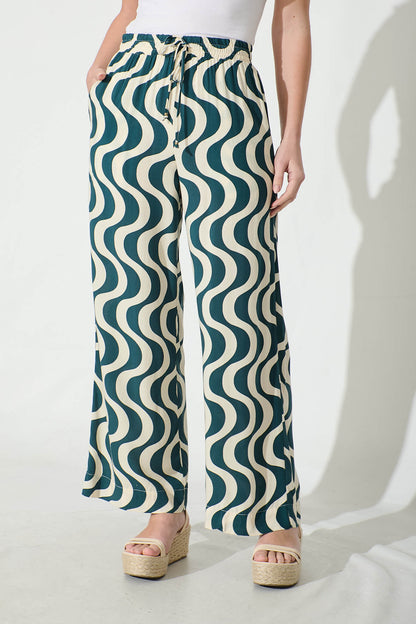 Anjeanette Wide Leg Pant in Emerald and Cream Swirl Print