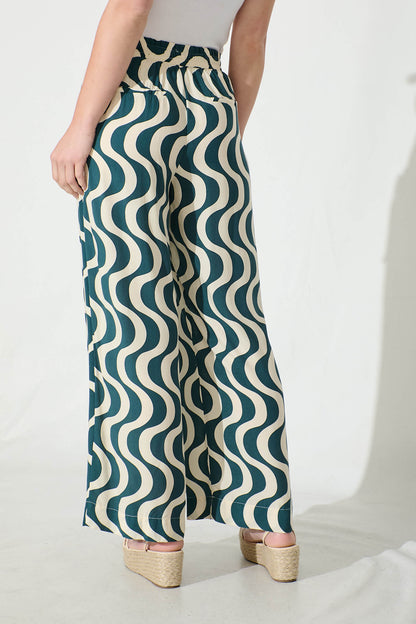 Anjeanette Wide Leg Pant in Emerald and Cream Swirl Print