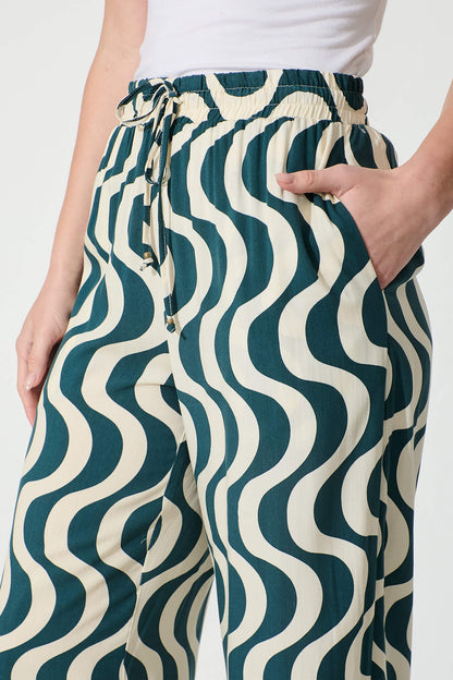 Anjeanette Wide Leg Pant in Emerald and Cream Swirl Print