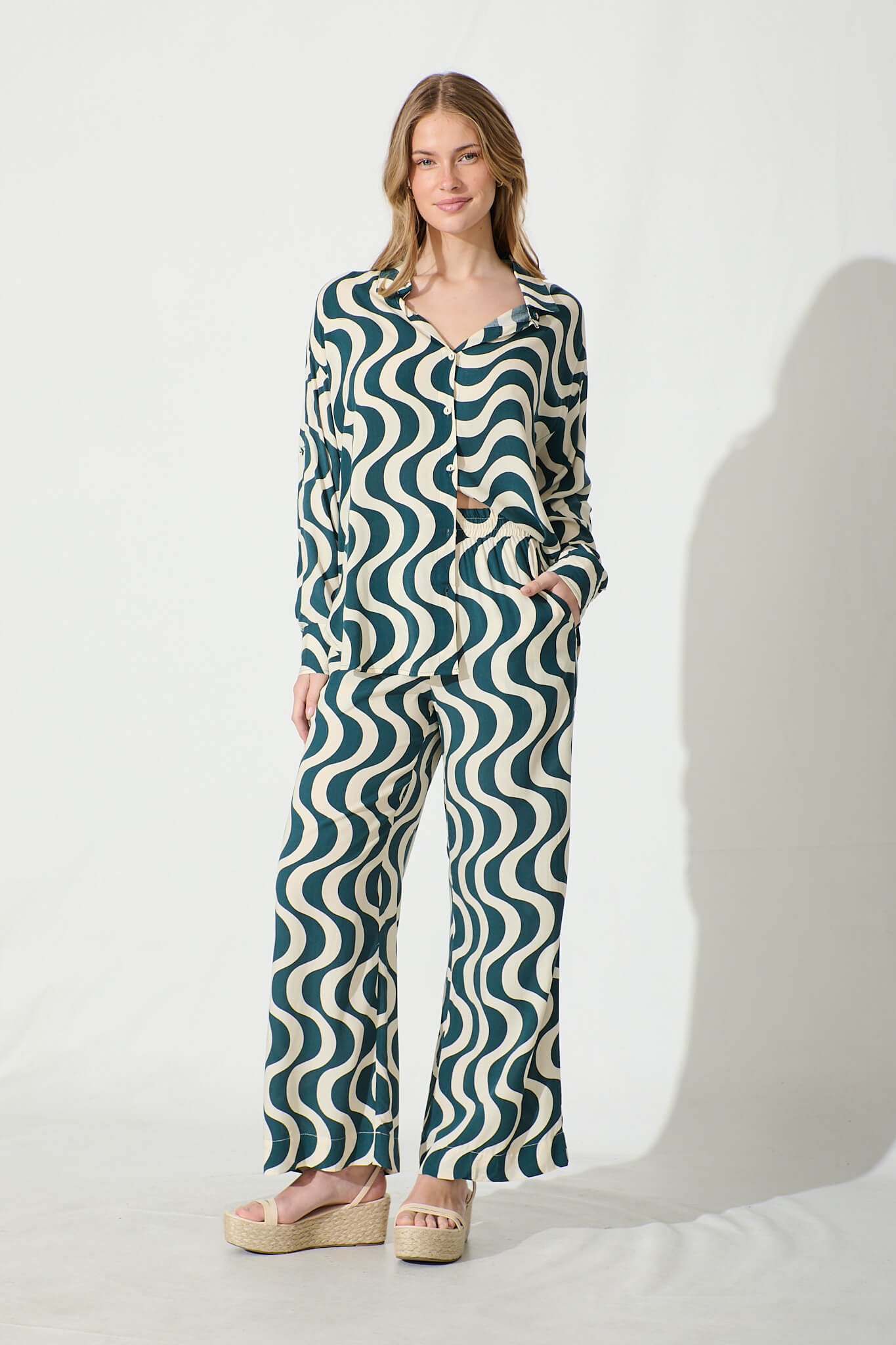 Anjeanette Wide Leg Pant in Emerald and Cream Swirl Print