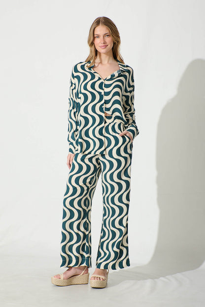 Anjeanette Wide Leg Pant in Emerald and Cream Swirl Print