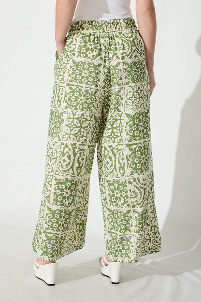 Jeanette Wide leg Pant in Khaki and Cream Tile Cotton Blend