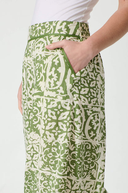 Jeanette Wide leg Pant in Khaki and Cream Tile Cotton Blend