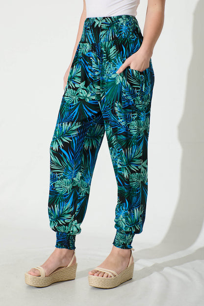Gabby Lounge Pants in Multi Blue Leaf Print