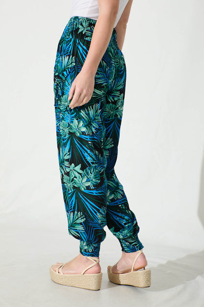 Gabby Lounge Pants in Multi Blue Leaf Print