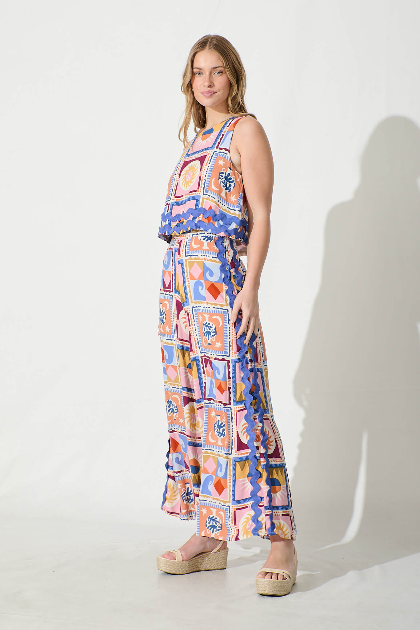 Sandbar Jumpsuit in Multi with Blue Ric Rac Trim