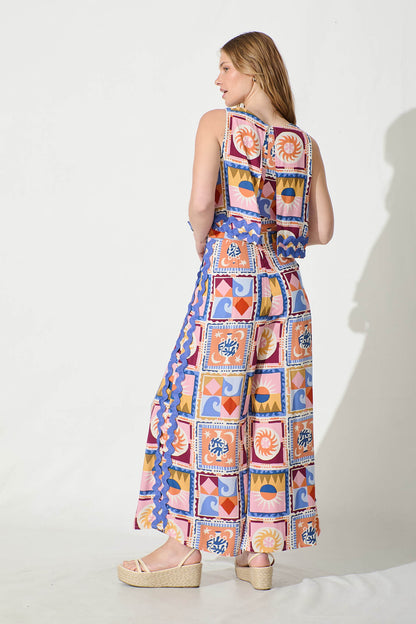 Sandbar Jumpsuit in Multi with Blue Ric Rac Trim
