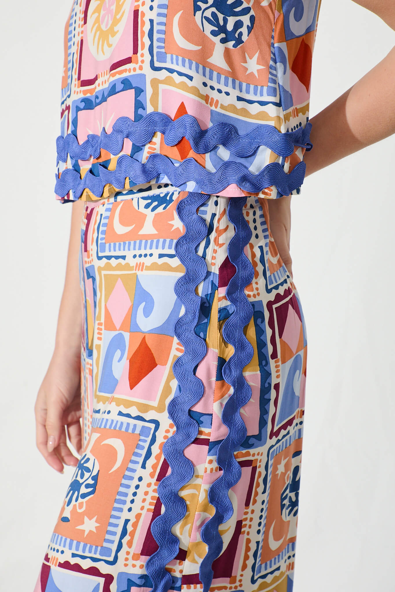 Sandbar Jumpsuit in Multi with Blue Ric Rac Trim
