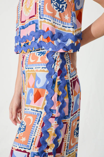 Sandbar Jumpsuit in Multi with Blue Ric Rac Trim