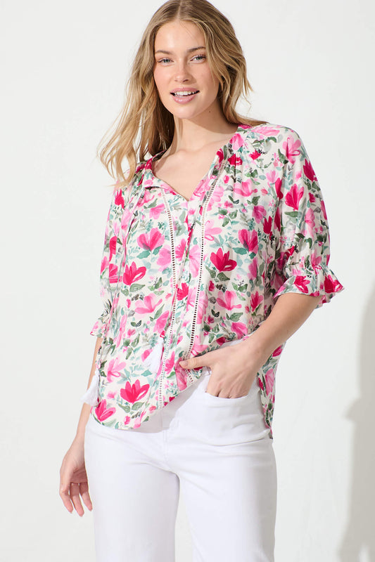 Amaya Top in White with Pink and Green Floral