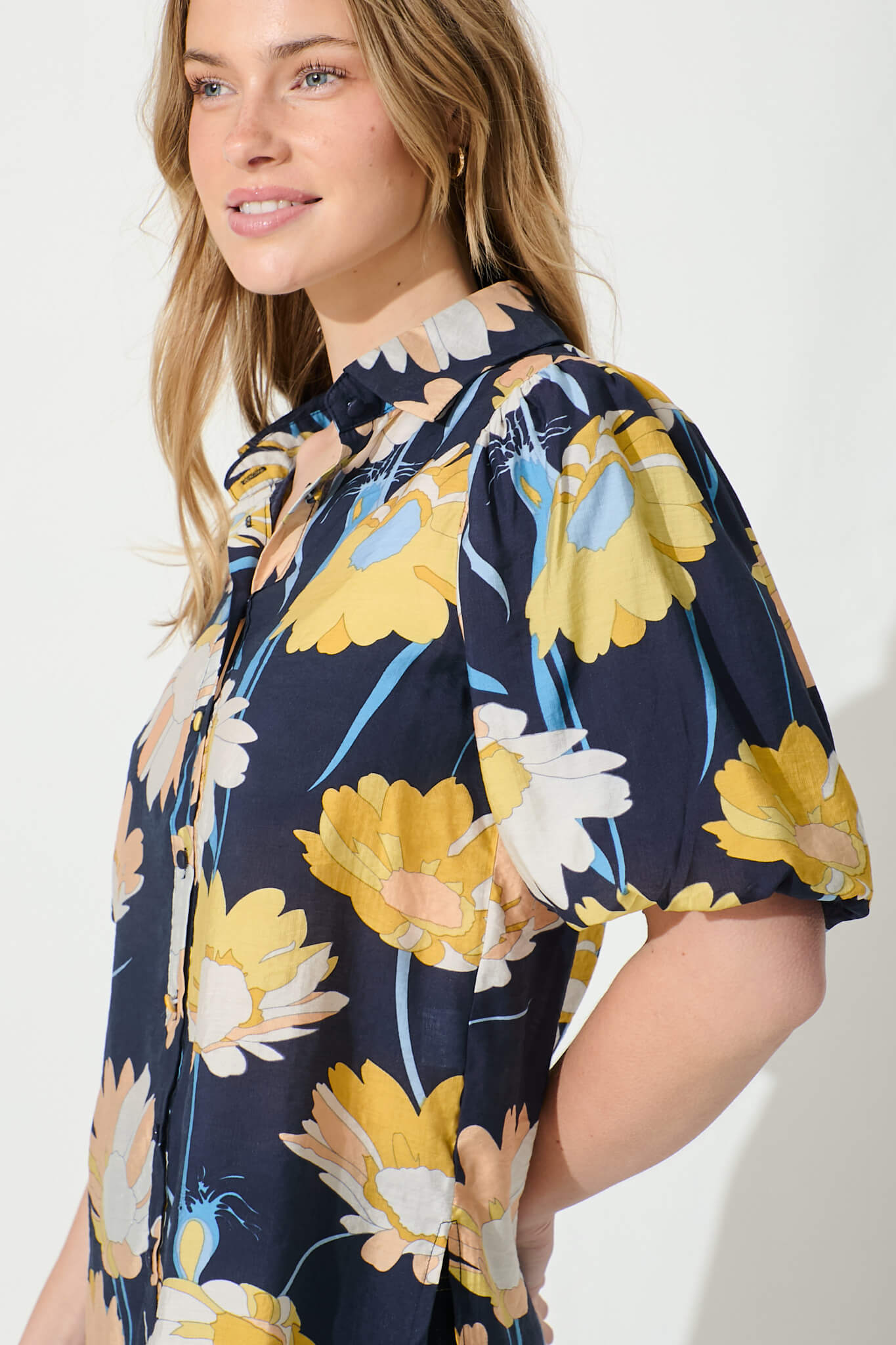 Azari Shirt in Navy with Mustard Floral Cotton Blend
