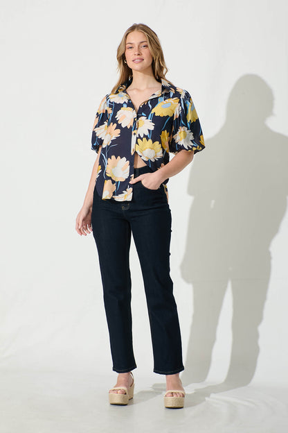 Azari Shirt in Navy with Mustard Floral Cotton Blend
