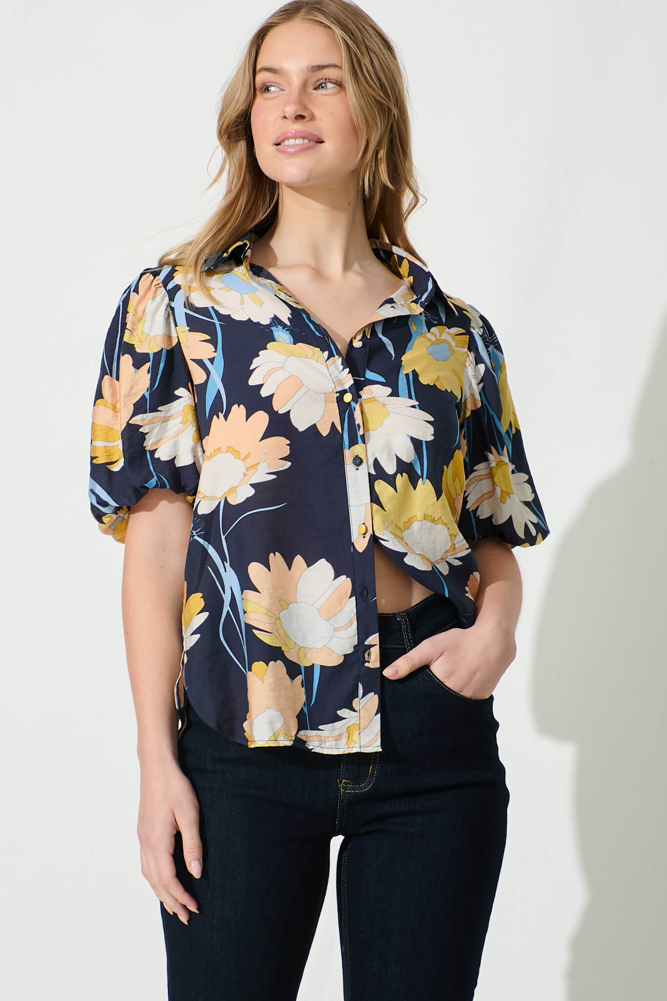 Azari Shirt in Navy with Mustard Floral Cotton Blend