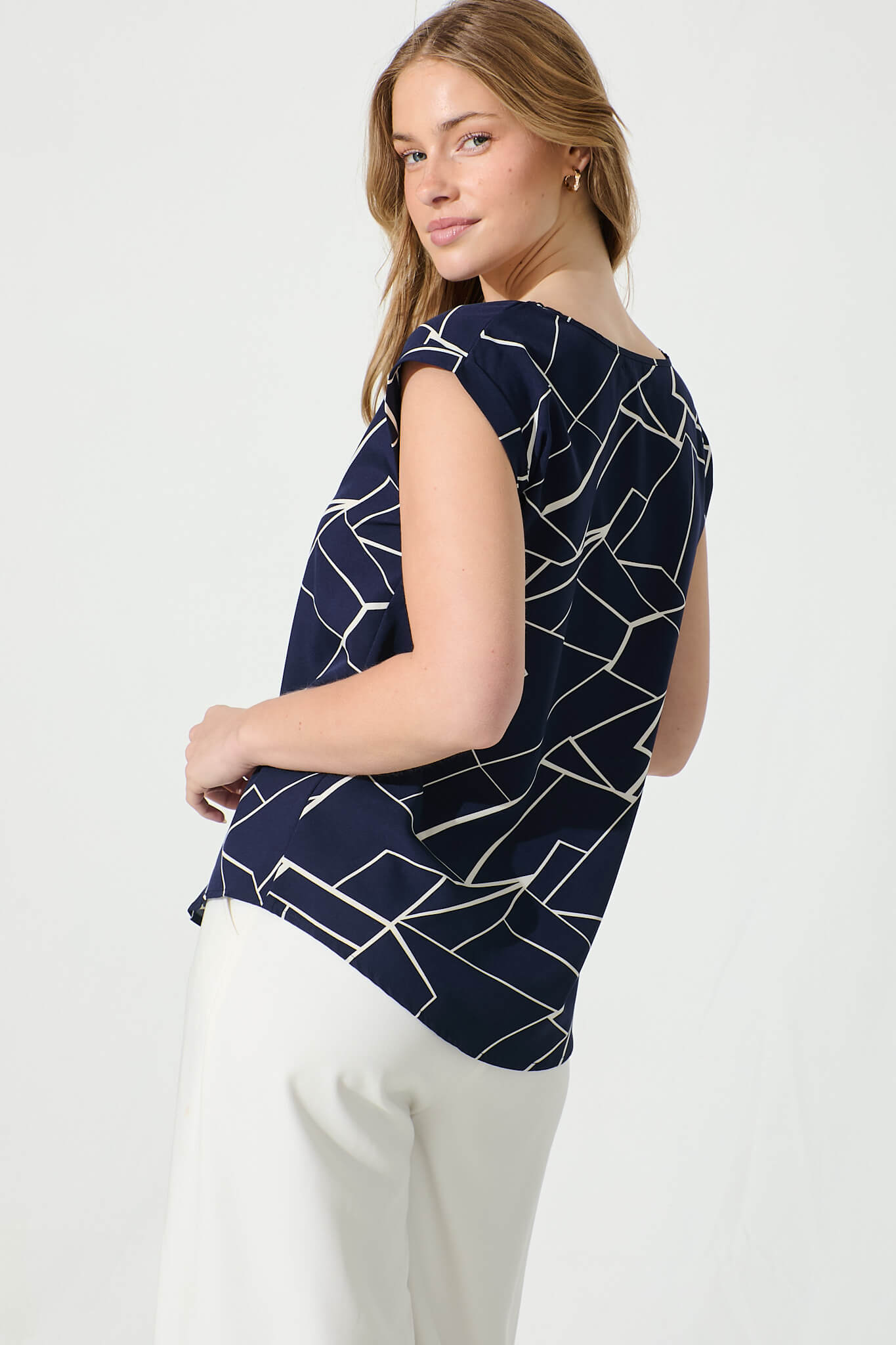 Rejina Top in Navy with White Print