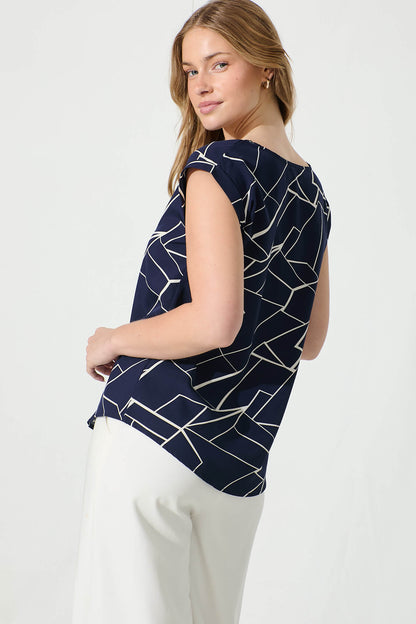 Rejina Top in Navy with White Print
