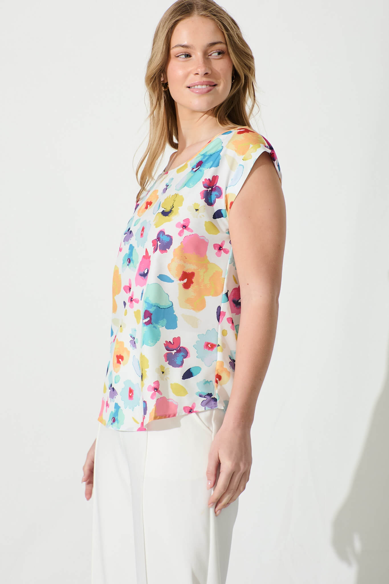 Rejina Top in White with Multi Floral Print