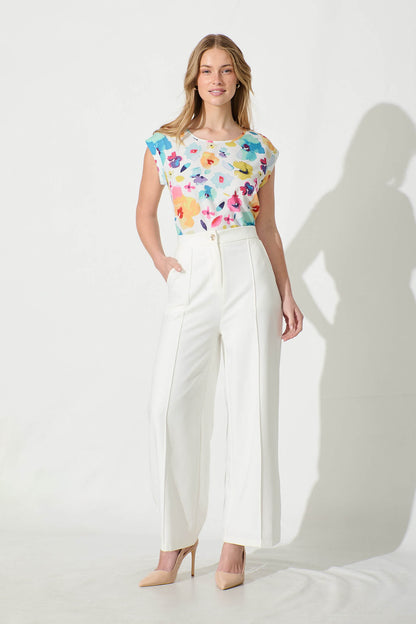 Rejina Top in White with Multi Floral Print