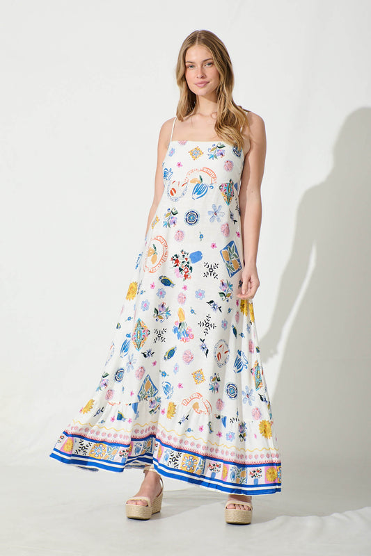 Mabrey Maxi Sundress in White with Multi Print