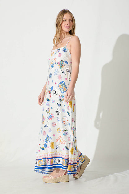 Mabrey Maxi Sundress in White with Multi Print
