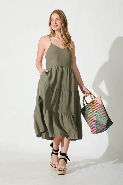 Utopia Midi Sundress in Khaki Linen Blend