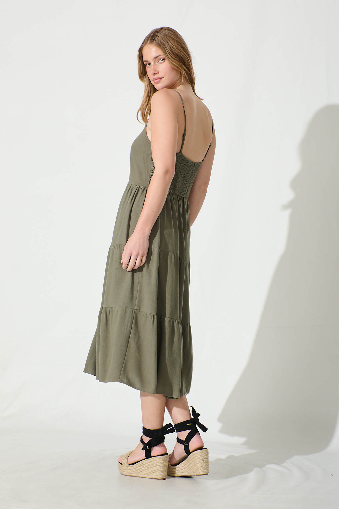 Utopia Midi Sundress in Khaki Linen Blend