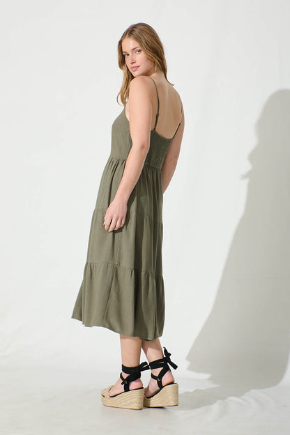Utopia Midi Sundress in Khaki Linen Blend