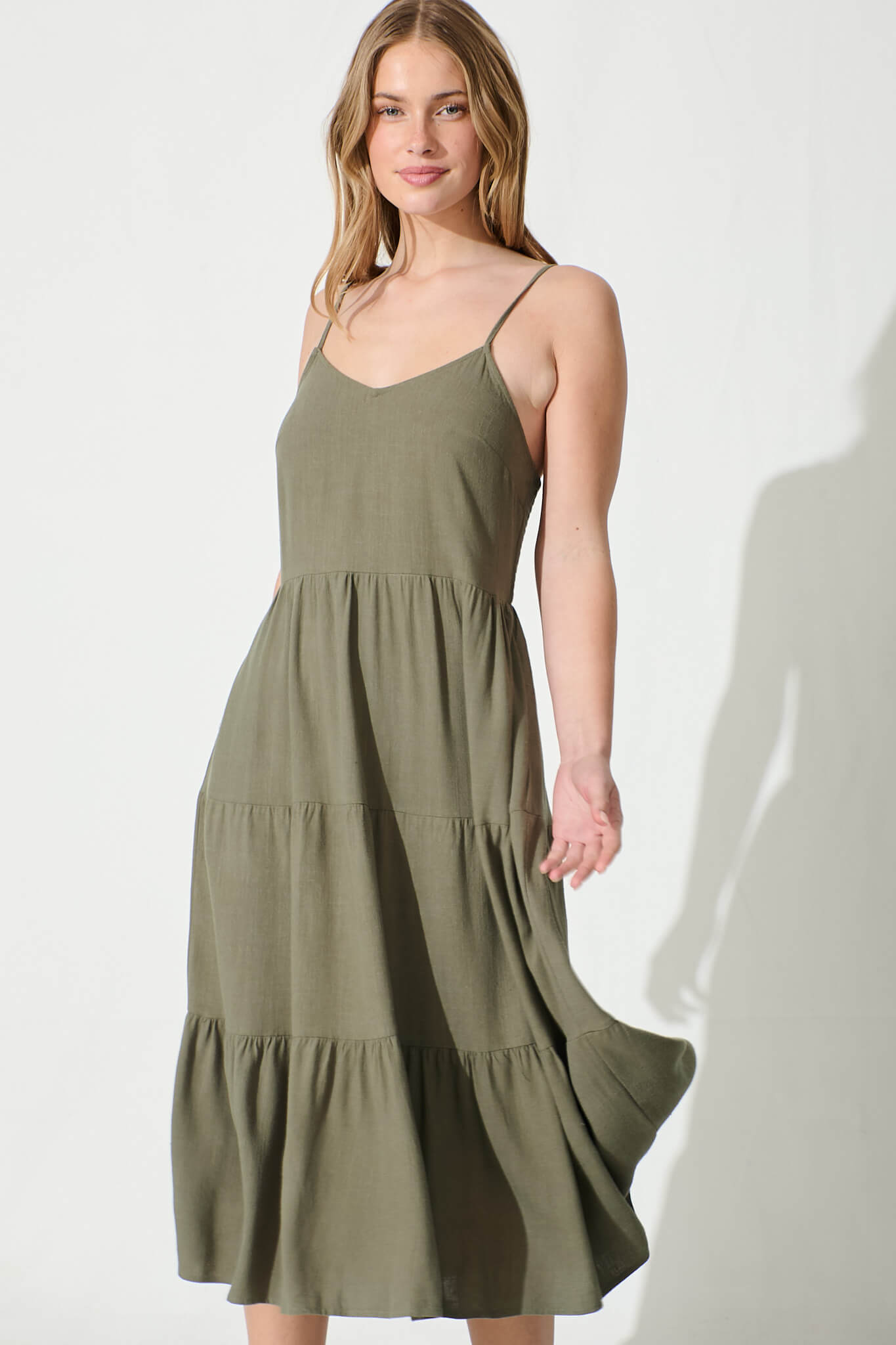 Utopia Midi Sundress in Khaki Linen Blend
