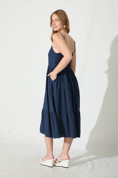 Utopia Midi Sundress in Navy Linen Blend