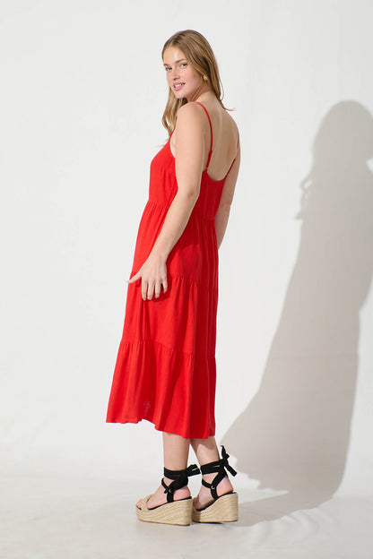 Utopia Midi Sundress in Red Linen Blend
