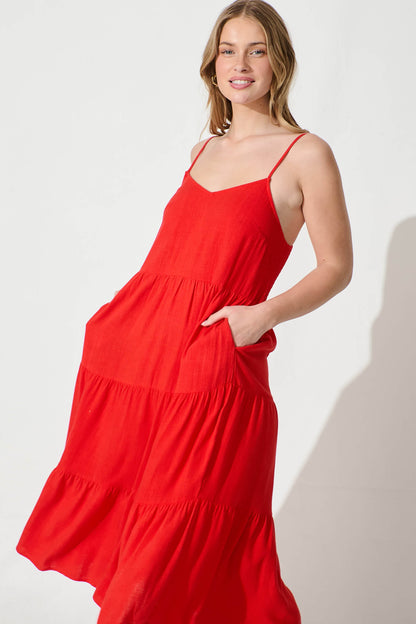 Utopia Midi Sundress in Red Linen Blend