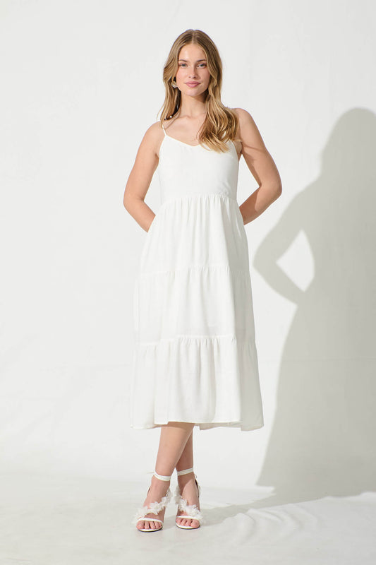 Utopia Midi Sundress in White Linen Blend