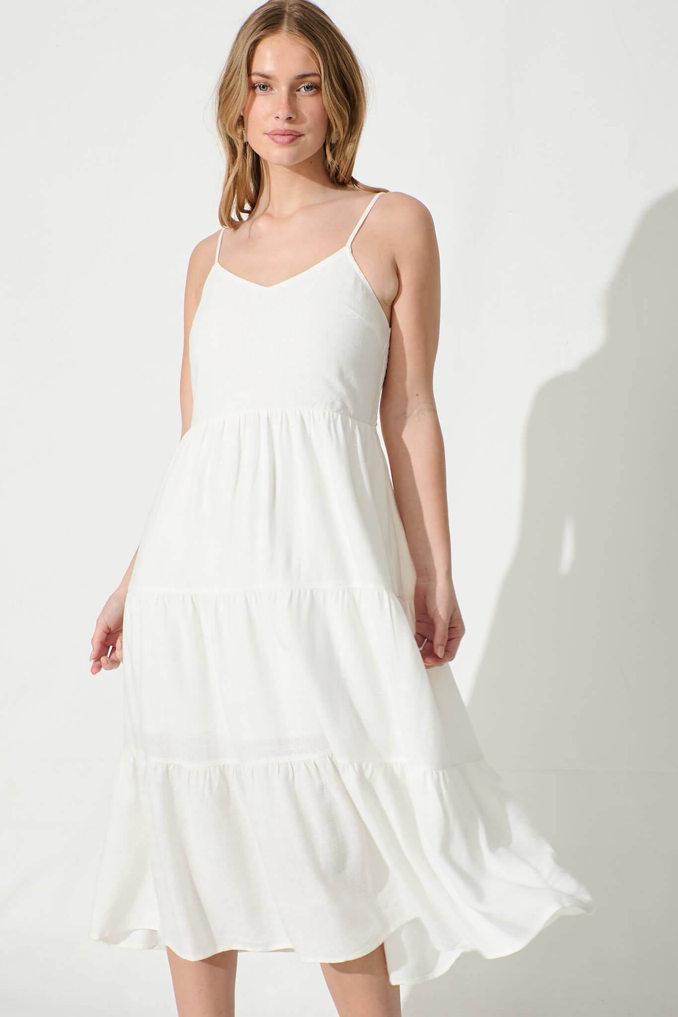 Utopia Midi Sundress in White Linen Blend