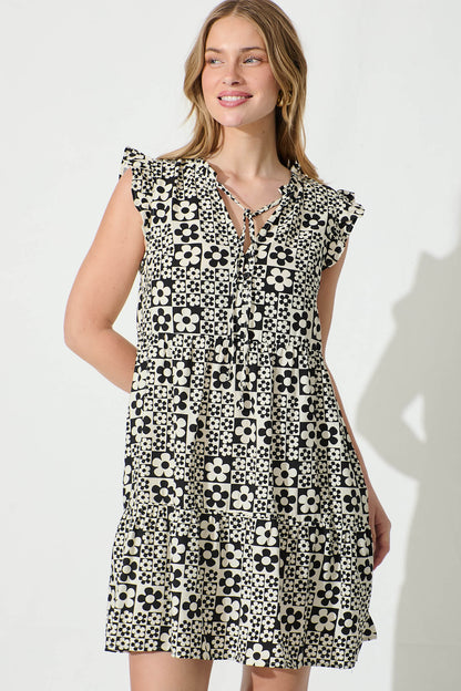 Gibson Smock Dress In Black And Cream Floral
