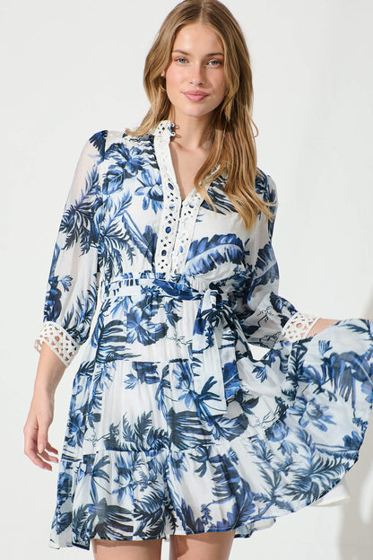 Anaya Dress In White With Blue Leaf