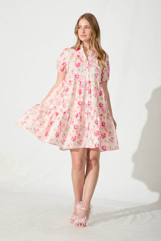Felicia Shirt Dress In Pink Floral Cotton