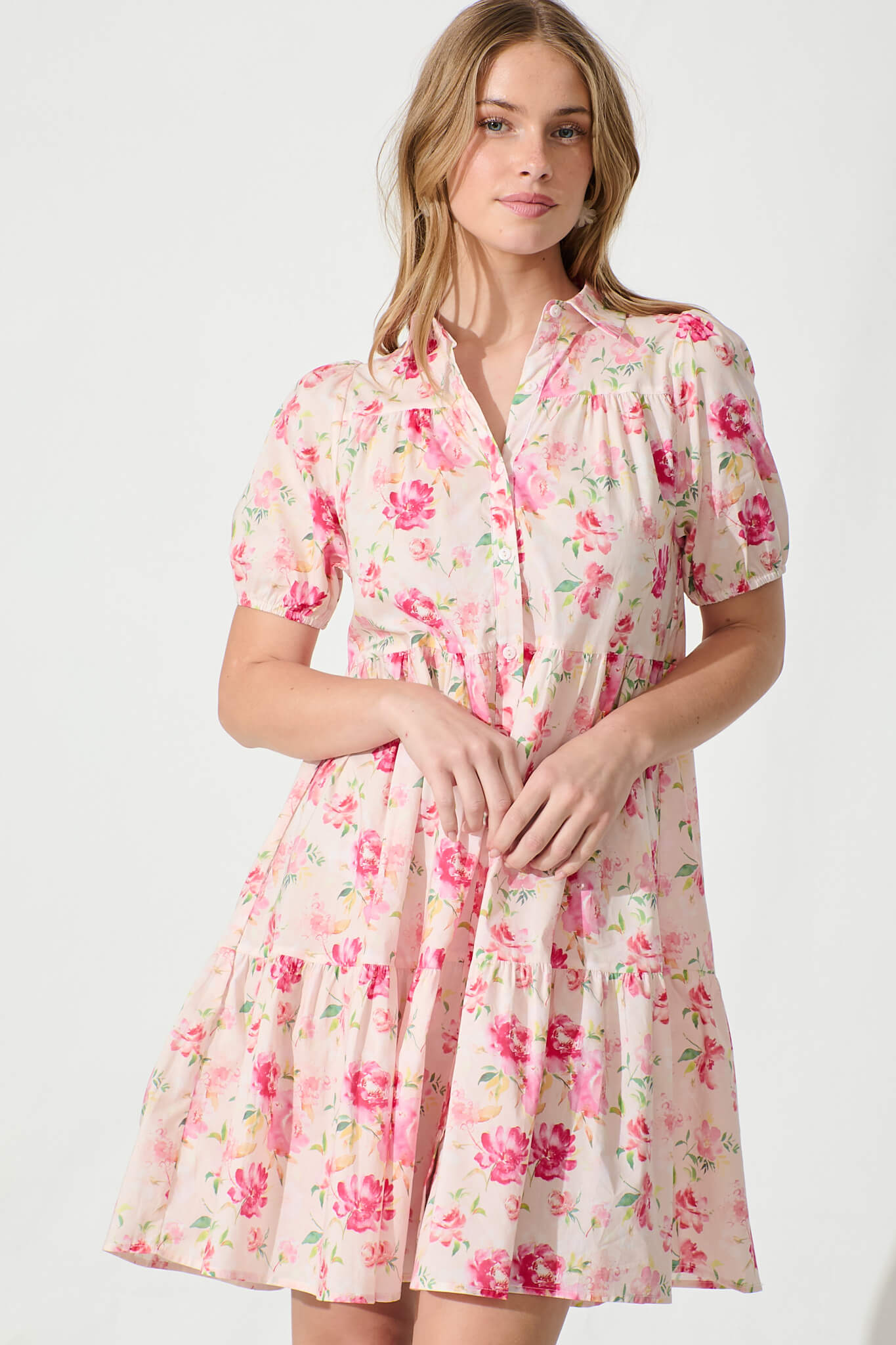 Felicia Shirt Dress In Pink Floral Cotton