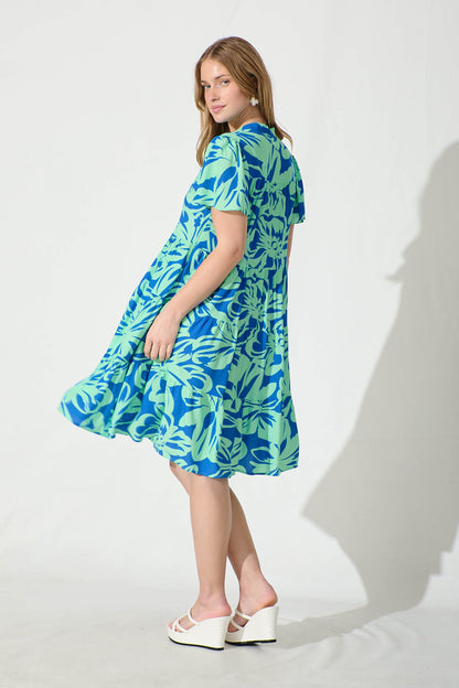 Saldana Smock Dress in Blue and Green Floral Print