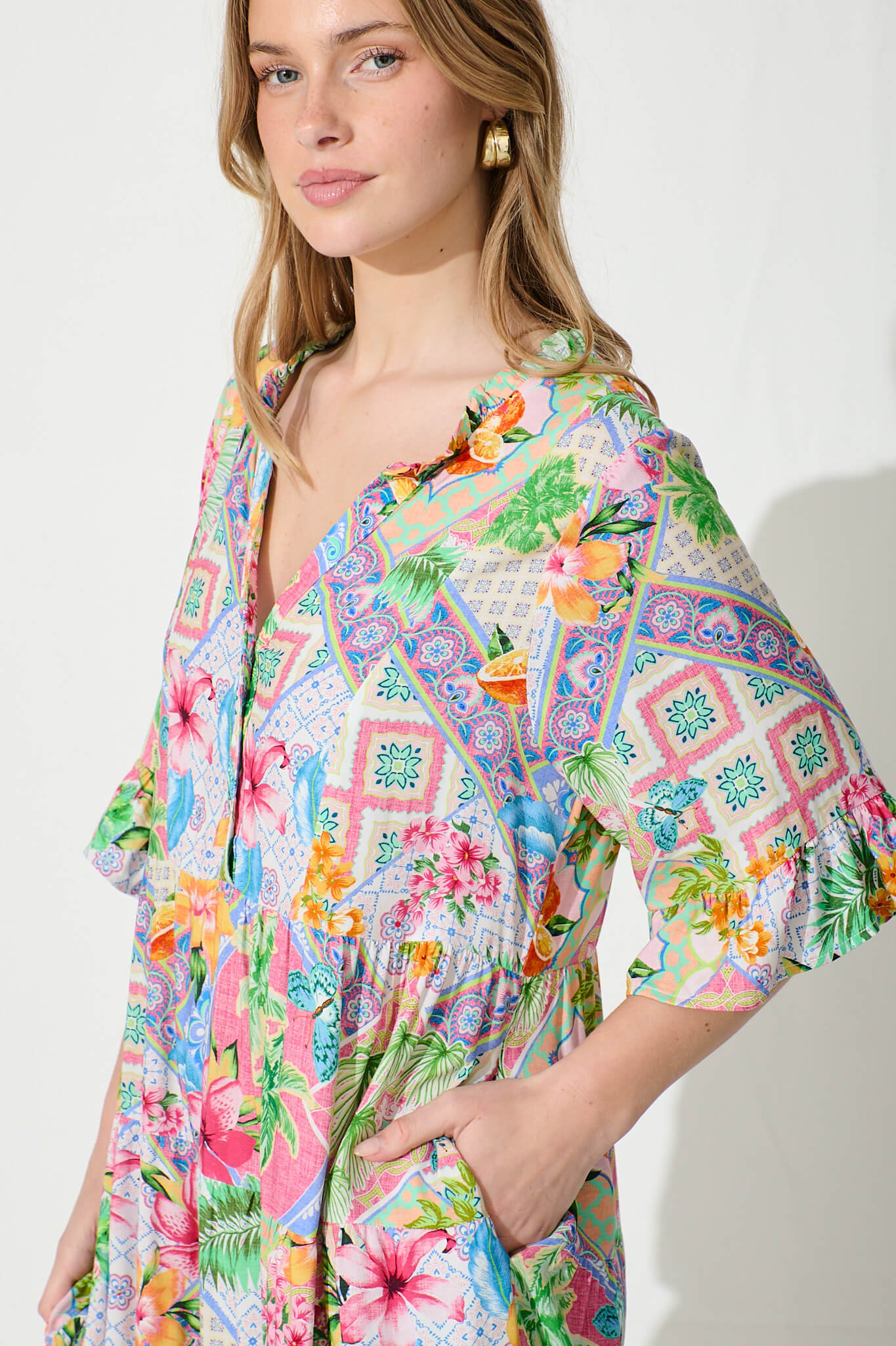 Aleister Smock Dress in Bright Multi Patchwork Floral