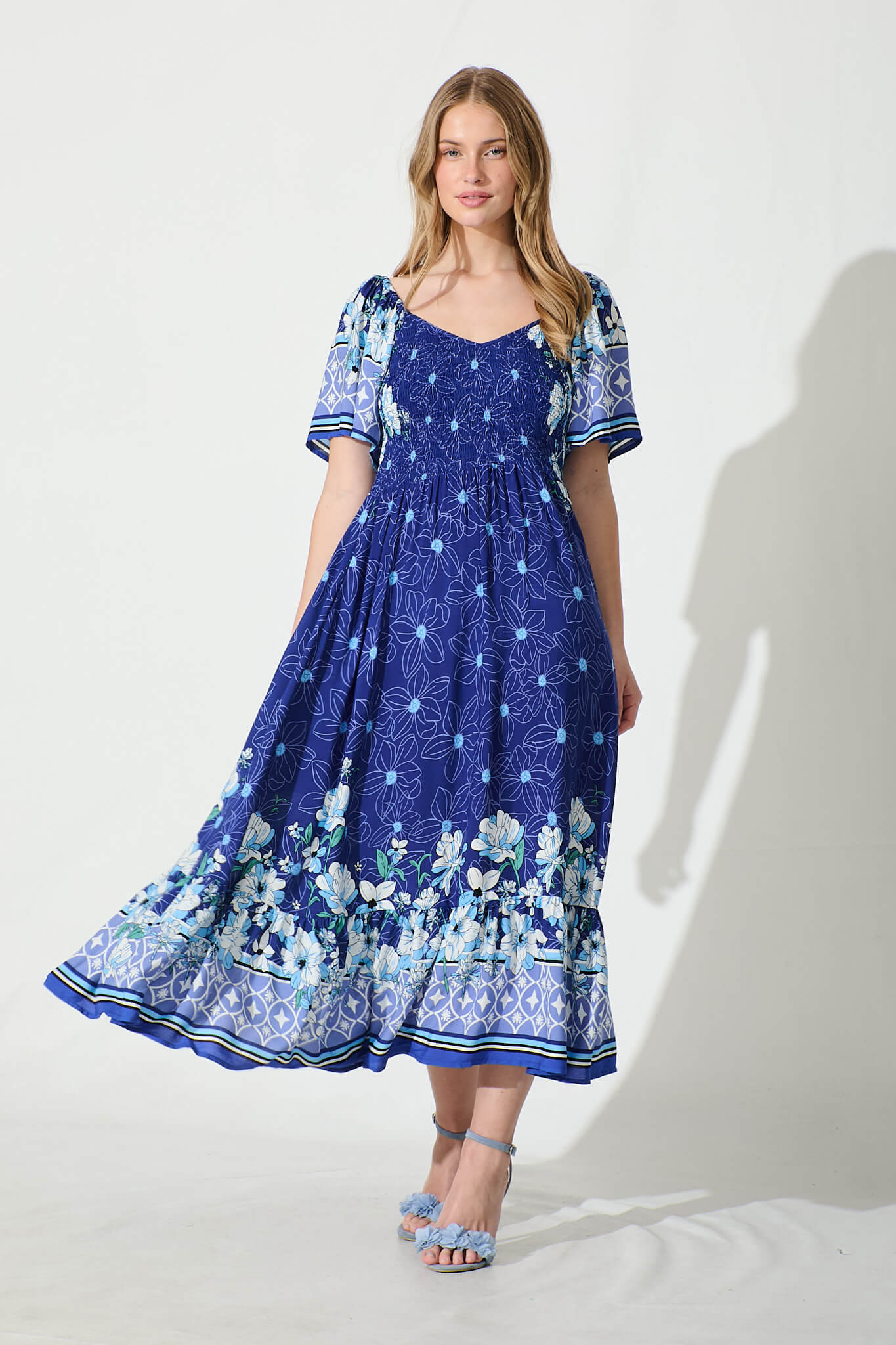 Carmella Maxi Dress in Blue Border Print