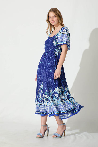 Carmella Maxi Dress in Blue Border Print