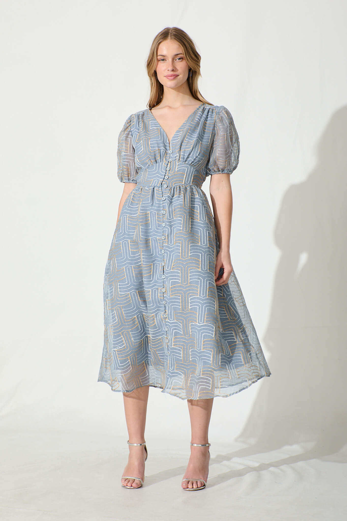 Evermore Midi Dress Dusty Blue with Lurex Embroidery