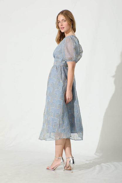 Evermore Midi Dress Dusty Blue with Lurex Embroidery