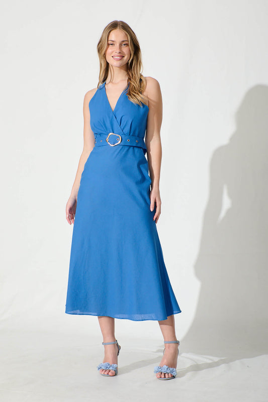 Evangeline Midi Dress in Blue Cotton