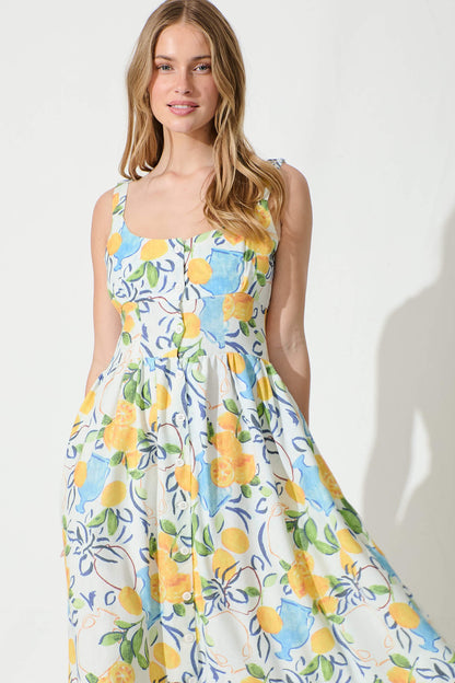California Love Maxi Sundress In White With Lemon Print