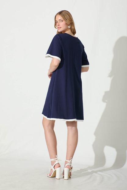 Emery Dress in Navy with White Contrast Trim Cotton