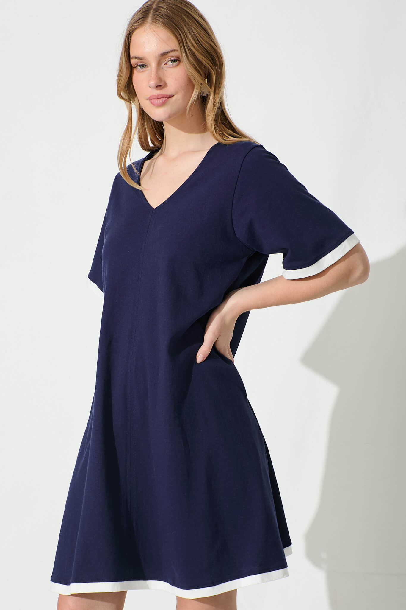 Emery Dress in Navy with White Contrast Trim Cotton