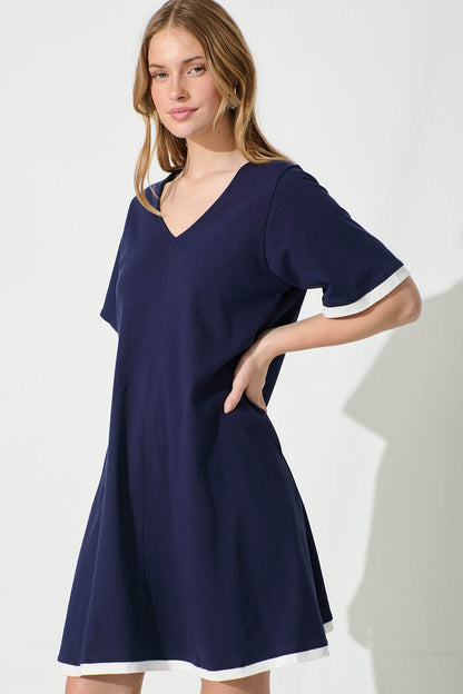Emery Dress in Navy with White Contrast Trim Cotton