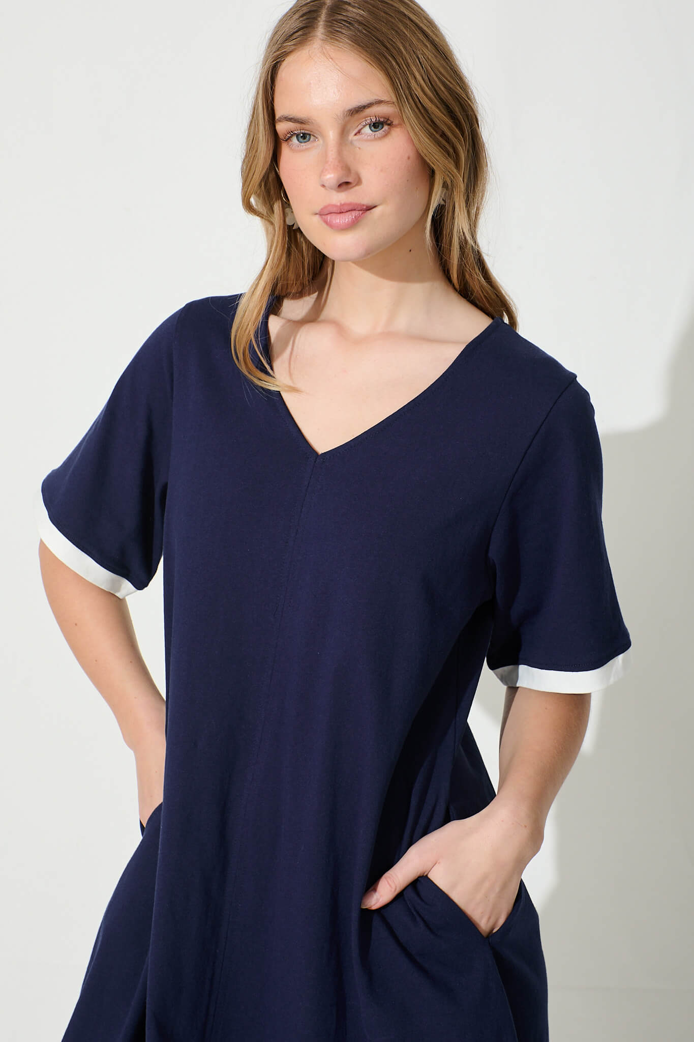 Emery Dress in Navy with White Contrast Trim Cotton