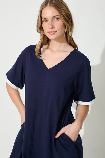 Emery Dress in Navy with White Contrast Trim Cotton